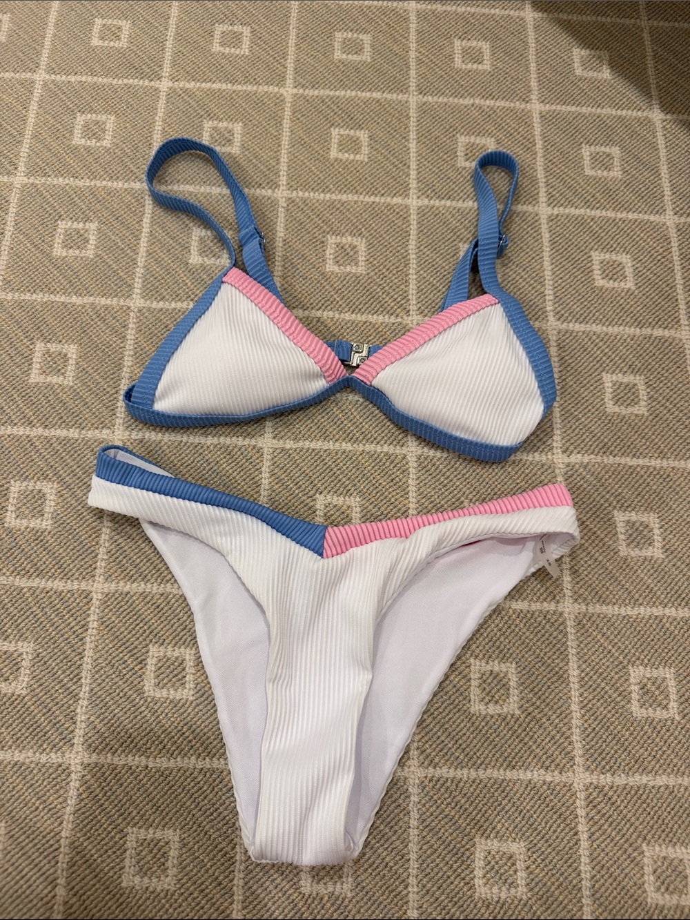 Ribbed White Bikini Set with Blue and Pink Trim